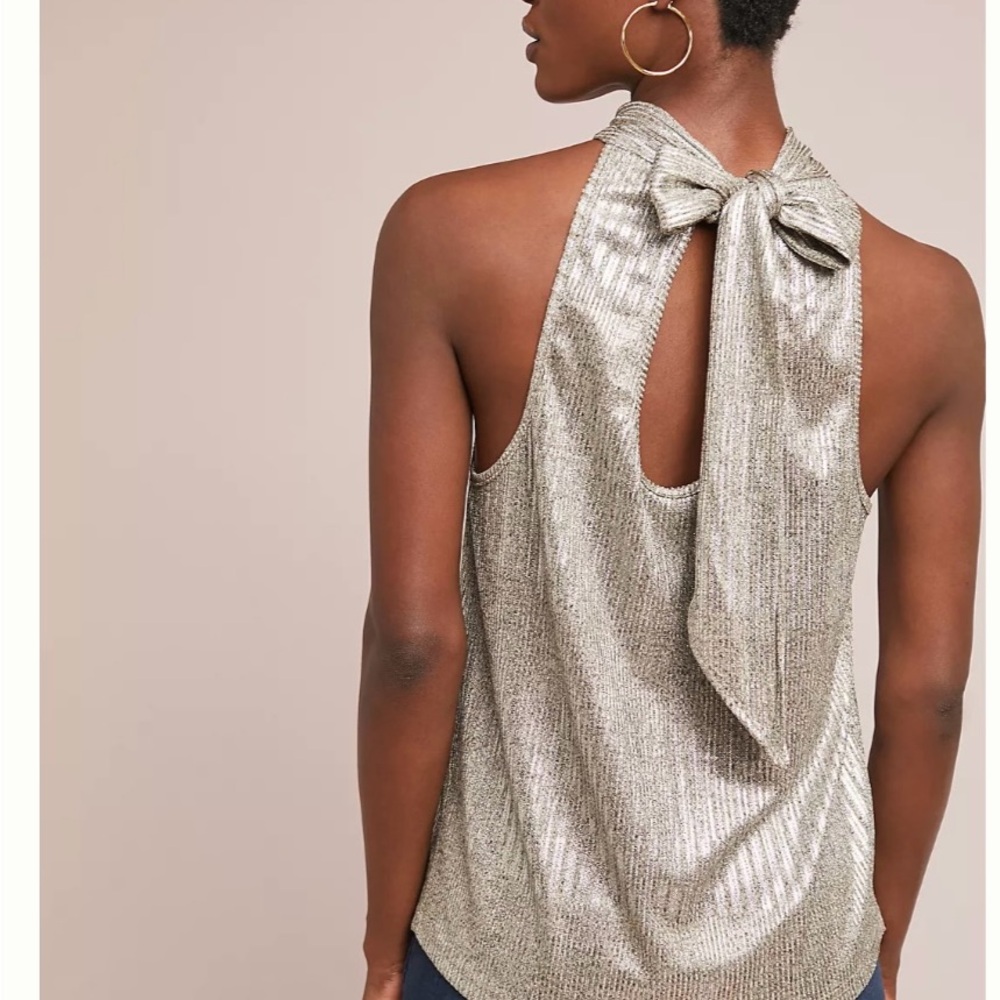 Anthropologie Metallic Silver Halter Top with Back Tie, Size extra small